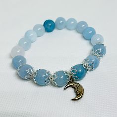 Aquamarine Beaded Moon Charm Bracelet, Real Crystal Beaded Moon, Aquamarine Beads, Silver Charm Bracelet, Bracelet Beaded, Real Stone, Silver Moon, Moon Charm, Aquamarine Blue, Blue Gemstones