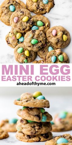 cookies stacked on top of each other with the words, mini egg easter cookies above them