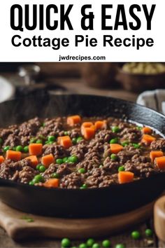 a skillet filled with meat and vegetables on top of a wooden cutting board next to peas