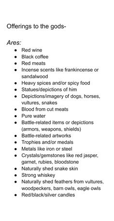 a list of items that are labeled in the words'offerings to the gods '