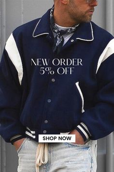 This casual blue jacket for men's fall outerwear exudes style with its single-breasted design and relaxed lapel. A versatile choice that effortlessly combines comfort and fashion. Blue Sports Outerwear With Baseball Collar, Casual Blue Outerwear With Baseball Collar, Blue Cotton Outerwear With Letter Print, Casual Blue Varsity Jacket For Winter, Blue Spring Outerwear For College, Navy Varsity Outerwear For Fall, Blue Outerwear With Baseball Collar For Spring, Navy Casual Varsity Jacket For Outdoor, Navy Varsity Jacket For Spring