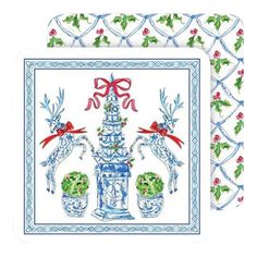 two coasters with christmas decorations and bows on the top, one has a blue vase