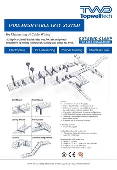 the wire mesh cable tray system is shown in this brochure, with instructions on how