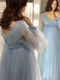 Maternity Fitted Tulle Dress, Blue Maxi Maternity Dress For Wedding, Blue Maxi Length Maternity Dress For Wedding, Elegant Fitted Dusty Blue Dress, Dusty Blue Fitted Elegant Dress, Light Blue Fitted Maternity Maxi Dress, Elegant Blue Maxi Maternity Dress, Blue Long Sleeve Bridesmaid Evening Dress, Elegant Blue Floor-length Maternity Dress