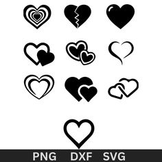 hearts with different shapes and sizes are shown in the shape of an x, v, d