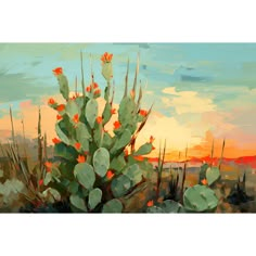 a painting of a cactus plant in front of a sunset with orange and blue colors