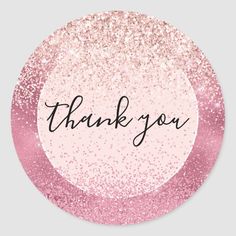 a pink and gold glitter thank you sticker with the words, thank you on it