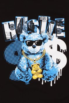 a t - shirt with a bear wearing sunglasses and money on the chest, in front of it