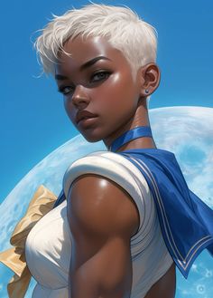 a woman with white hair wearing a blue shirt and gold earrings standing in front of a moon