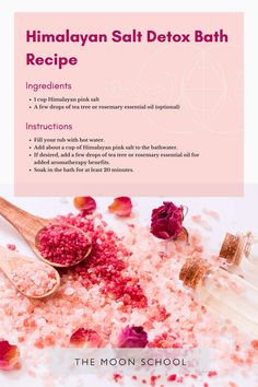 Himalayan Salt detox bath recipe Hoodoo Spiritual Bath Recipes, Ph Balance Bath For Women, Healing Bath Ritual, Detox Baths For Women, Spiritual Bath Recipes, Ritual Bath Recipes, Healing Bath, Detox Bath Recipe, Milk Bath Recipe