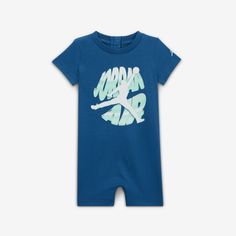 Smaller ballers-to-be can rep the Brand of Flight in this warm weather romper, which is made of cotton/poly jersey knit fabric that feels soft and gentle on baby's skin. Roomy enough to layer over a bodysuit for extra warmth, this wardrobe essential has snappy tape closures at the shoulder and inseam to make changing and dressing easy. Blue Cotton Onesie For Loungewear, Casual Blue Short Sleeve Bubble Romper, Blue Cotton Bubble Romper With Short Sleeves, Blue Cotton Bodysuit For Loungewear, Sporty Cotton Onesie For Playtime, Casual Blue Onesie For Playwear, Casual Light Blue Onesie For Playtime, Blue Casual Onesie For Playwear, Blue Cotton Bubble Romper For Playwear