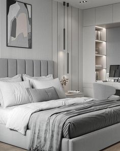 a bedroom with a large bed and white walls