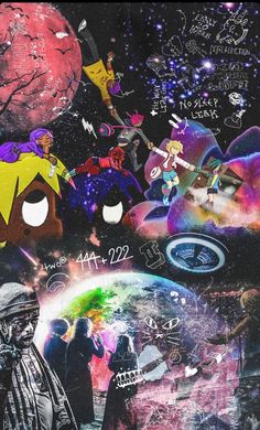 a collage of cartoon characters with space in the background