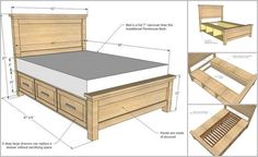 the plans for a bed with drawers are shown