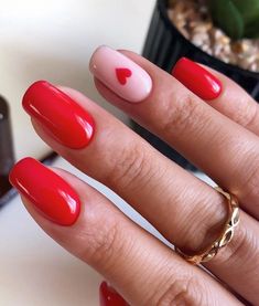 Red Nail Heart Design, Red With Pink Hearts Nails, Short Red Nails With Heart, Square Acrylic Valentines Nails, Red Nails Acrylic With Heart, Simple Red Heart Nails, Really Short Valentines Nails, Red Nails Design Heart, Red With Pink Nails