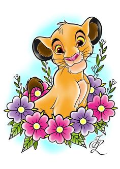 the lion cub is surrounded by flowers