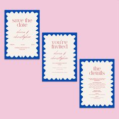 three different types of wedding cards on a pink background with the words save the date