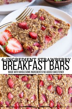 three different views of breakfast bars with strawberries on top and the same one in front