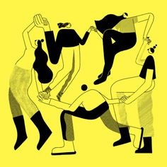 an image of three people dancing together in black and yellow colors on a yellow background