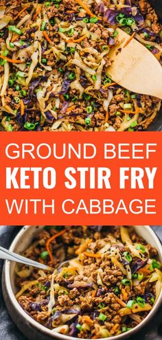 ground beef keto stir fry with cabbage and carrots in a skillet on the side