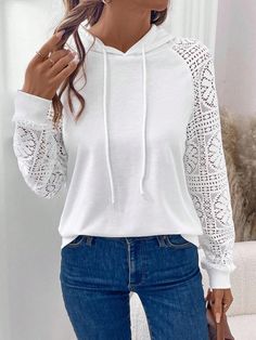 Casual French Lace Sleeve White Hooded Sweatshirt For Women, Autumn/Winter White Casual  Long Sleeve Knitted Fabric Colorblock,Plain Pullovers Slight Stretch  Women Clothing, size features are:Bust: ,Length: ,Sleeve Length: White Stretch Long Sleeve Hoodie, White Long Sleeve Stretch Hoodie, White Hooded Sweater For Spring, White Hooded Spring Sweater, White Stretch Hooded Sweatshirt, White Stretch Hoodie For Winter, White Hooded Sweater With Drawstring, White Hooded Knitted Sweater, Knit Long Sleeve Top With Drawstring Hood