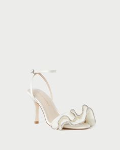 Shop the Estella Pearl/Rhinestone Ruffle Sandal at Loefflerrandall.com Hoco Shoes, Crystal Trim, Sequin Bow, Holiday Party Outfit, Heel Sandal