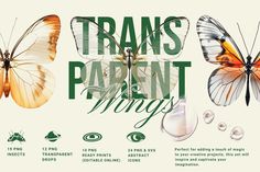 an advertisement with three butterflies and the words transs parent mingy on it's side