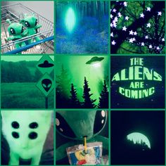 the alien's are coming collage with green and blue images, including an alien face