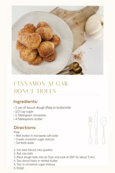 a recipe for cinnamon sugar donuts on a plate