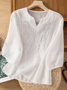 Embroidered V-Neck Temperament Ladies Casual Shirt White V-neck Shirt With Floral Embroidery, Spring White V-neck Embroidered Top, White V-neck Embroidered Top For Spring, White Embroidered V-neck Shirt, White Cotton V-neck Embroidered Top, White Floral Embroidered Shirt For The Beach, White Floral Embroidered Beach Shirt, White Floral Embroidered Shirt For Beach, White V-neck Embroidered Top For Beach