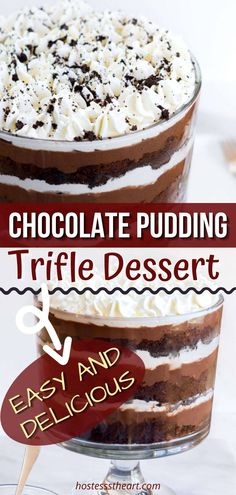 chocolate pudding trifle dessert with text overlay that reads, chocolate pudding trifle dessert easy and delicious