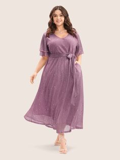 Plain V Neck Mesh Pocket Ruffle Tiered Belted Midi Dress – BloomChic Belted Midi Dress, Trendy Dress, Midi Dress, Mesh, Plus Size, V Neck, Elastic, Purple, Dresses