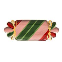 a christmas candy cane with bows on it's handles is shown in red, green and gold