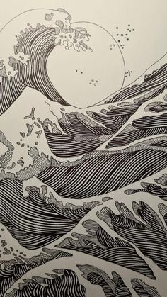 a drawing of an ocean wave in black and white