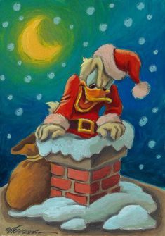 a painting of a dog dressed as santa claus on top of a chimney