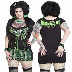 Kreepsville Ghouls College Tunic Dress Punk Style Short Sleeve Dresses For Alternative Fashion, Short Sleeve Punk Dresses For Alternative Fashion, Edgy Short Sleeve Dress For Alternative Fashion, Green Gothic Dress For Halloween, Fitted Grunge Mini Dress For Halloween, Punk Style Short Sleeve Party Dress, Short Sleeve Punk Party Dresses, Punk Style Party Dress With Short Sleeves, Punk Style Short Sleeve Fitted Dress