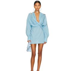 Nwt Jacquemus Le Robe Agui Mini Dress With A Plunging Neckline Cut Out At The Shoulder With Hidden Side Closure. The Dress Is Unlined And Has Never Been Worn. Will Fit A Size 0-2 Jacquemus Dress, Gathered Fabric, Halterneck Mini Dress, Blue Mini Dress, Tennis Dress, Draped Dress, Flowy Dress, Dress 100, Asymmetrical Dress