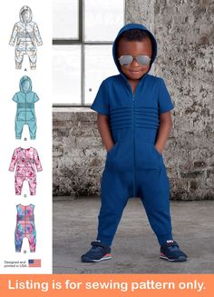 a child's jumpsuit with hood, pants and sunglasses