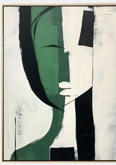 an abstract painting with black, white and green colors