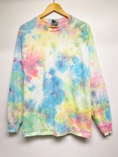 Hand made Tie dye Long sleeve T-shirt , 5.3oz 100% cotton T-shirt.  There will be variations in each T-shirt, I will do the best to keep the same look as the samples.  Suggestions for improvement are appreciated. If not satisfied, please contact me. Acid Wash Long Sleeve Cotton T-shirt, Multicolor Relaxed Fit Long Sleeve T-shirt, Multicolor Watercolor Print T-shirt For Spring, Multicolor Relaxed Fit Bleached Tops, Casual Hand Dyed Long Sleeve Tops, Casual Long Sleeve Rainbow T-shirt, Acid Wash Long Sleeve Casual T-shirt, Casual Acid Wash Long Sleeve T-shirt, Casual Long Sleeve Acid Wash T-shirt