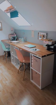 a desk with two chairs under a skylight