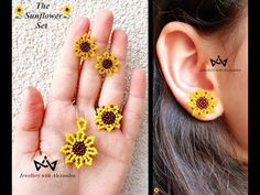 the sunflower set is made from yellow and red seed beads, which are attached to an earring