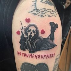 No You Hang Up First Scream Tattoos Horror Characters Tattoo Sleeve, No You Hang Up Scream Tattoo, Pretty Horror Tattoo, Scream Tattoo Sleeve, Scream Flash Tattoo, Cute Ghost Face Tattoo, No You Hang Up Scream, Halloween Leg Sleeve, Scream Face Tattoo