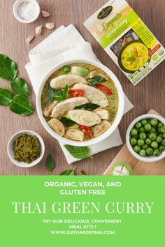 thai green curry with ingredients on the side and text organic vegan and gluten free