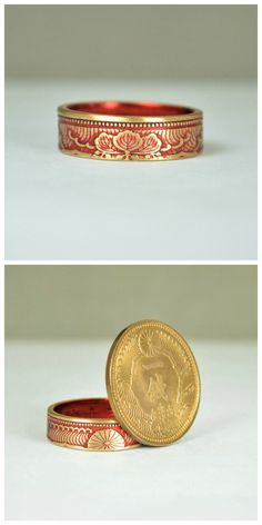 "1938 Japanese 1 Sen Coin Ring w/Red nanoceramic: - Glowing Brass Coin Ring - Your choice of Nano Ceramic Color. (see the second photo) - Comes in a cute box ready for gift giving. - Made to order, just for you. These rings are handcrafted using a rare brass Japanese One Sen Coin. Issued only in 1988 they feature a beautiful wave and cherry blossom design that will be on the outside of the ring. The inside of the ring features the date and issuing authority in Japanese script. You can see the co Handmade Vintage Enamel Ring For Anniversary, Handmade Vintage Enamel Ring For Gift, Handmade Vintage Enamel Ring, Vintage Red Hand Painted Jewelry, Unique Red Enamel Ring As Gift, Unique Red Enamel Ring For Gift, Unique Red Enamel Ring As A Gift, Japanese Script, 21st Anniversary