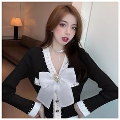 SALE AND FREE SHIPPING BlackWomen Sweater knitted Pullover With Sweet Diamond Bow Knitting Cardigan, Oc Inspiration, Bow Sweater, Diamond Bows, Sweater Trends, Women Sweater, Coat Women, Knitting Women Sweater, Glam Dresses