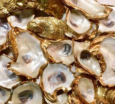 several large oysters with gold foil on them