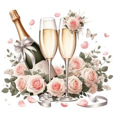 two champagne flutes with roses and a bottle of champagne on a white background surrounded by confetti