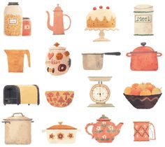 an assortment of kitchen utensils are shown in this illustration, including teapots and coffee pots