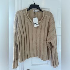 Nwt Zara Tan Sweater Zara Beige V-neck Sweater, Zara Casual Beige Sweater, Casual Beige Zara Sweater, Tan Sweater, Zara Sweater, Colorful Sweaters, Sweaters For Women, Zara, Cream